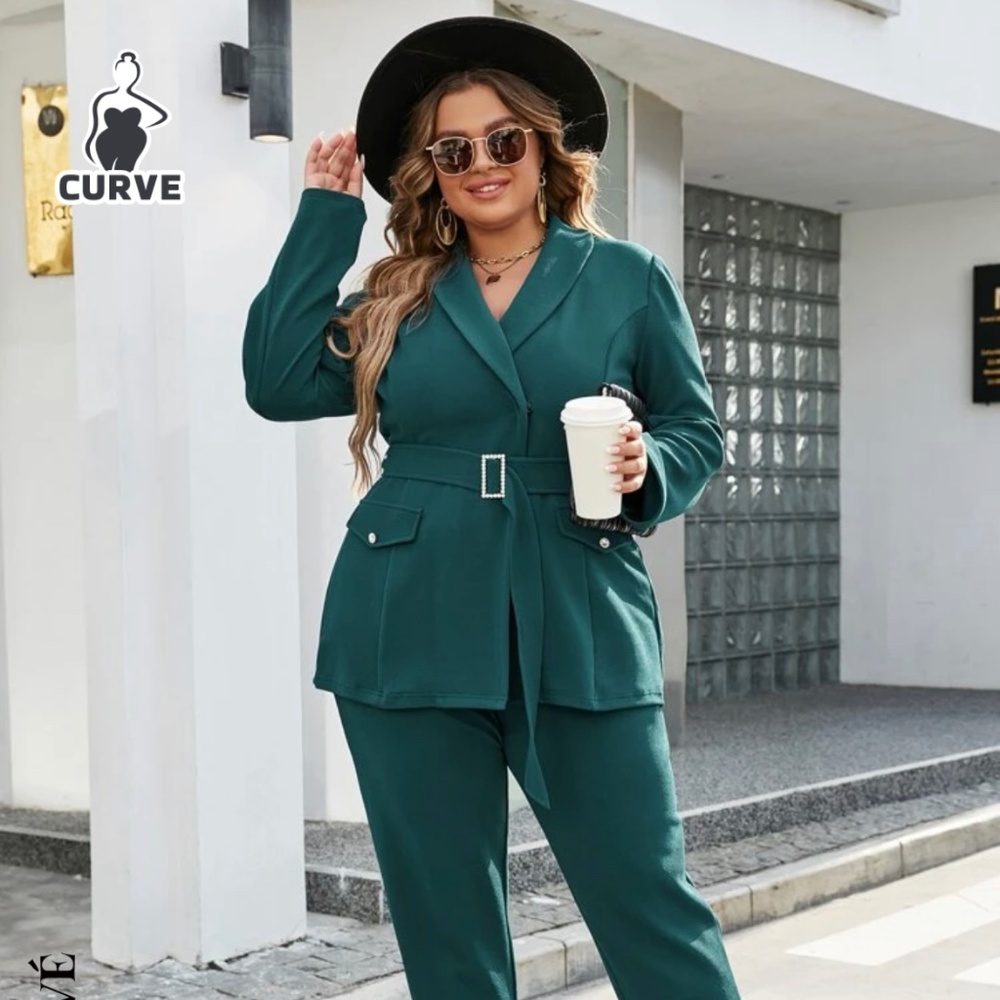 Prive Plus Solid Shawl Collar Belted Blazer & Pants